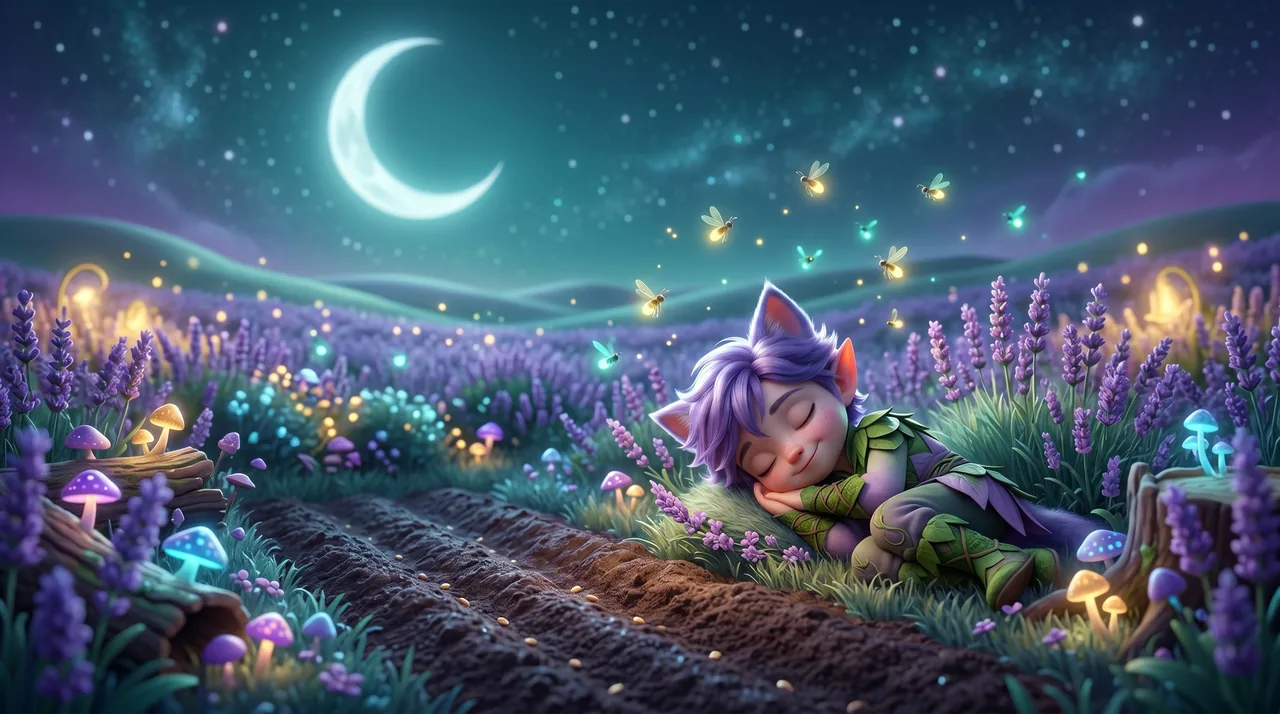 Ori sleeps peacefully in the moonlit lavender field beside a freshly planted row of seeds, under a big crescent moon.
