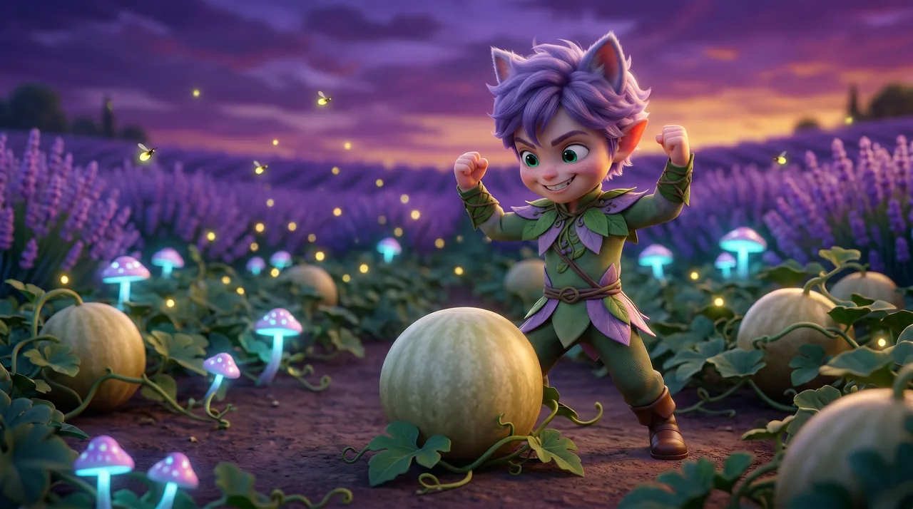 Ori stands tall with his fists up and a big grin, ready to make the melon grow faster. The moonmelon sits calm on its vine.