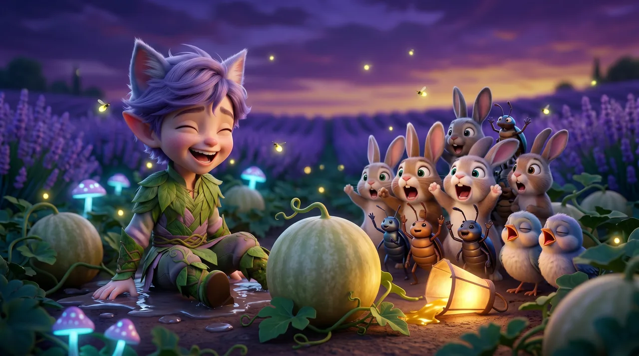 A crowd of rabbits, beetles and sleepy birds gather around the melon with Ori and shout at it together.