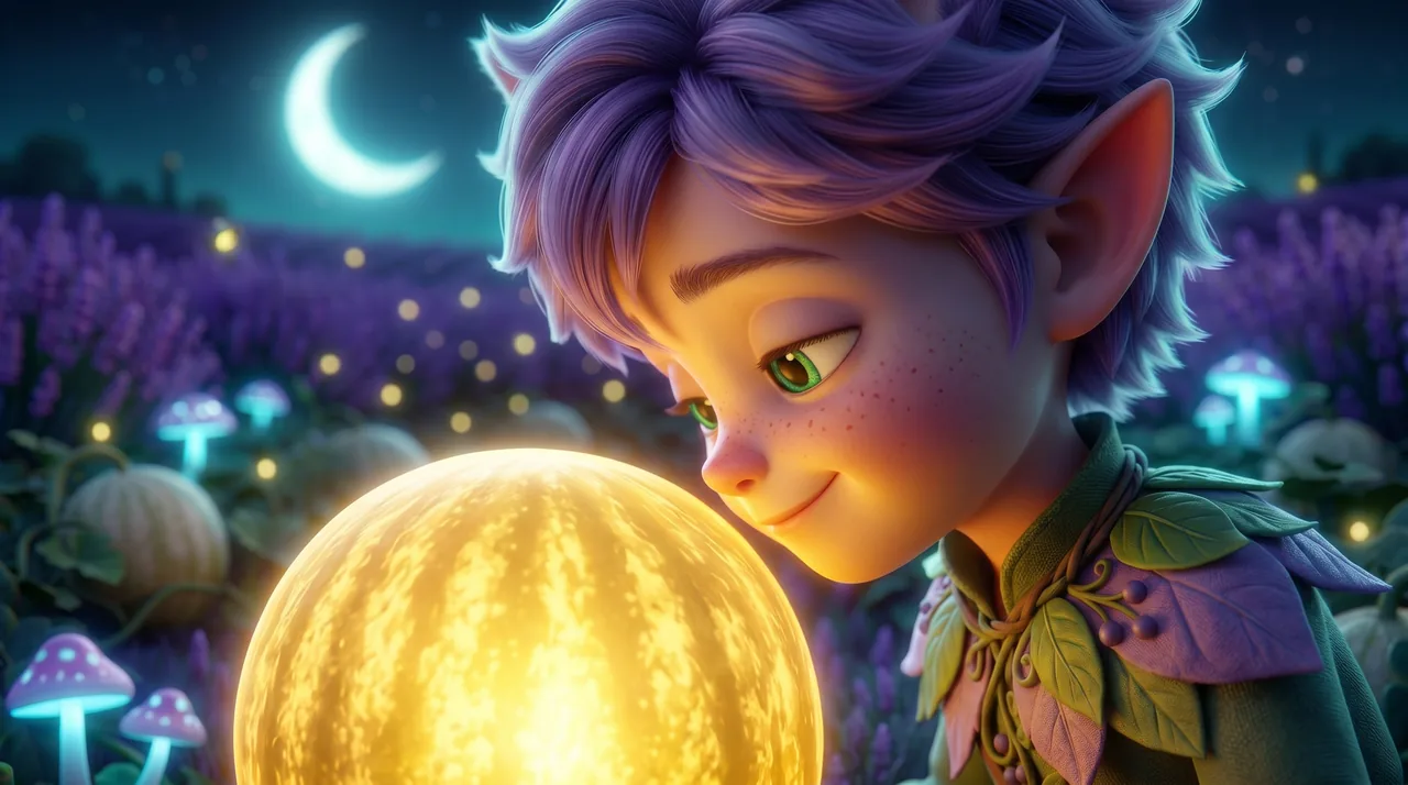 Close on Ori's face resting cheek-close to the glowing golden melon, eyes soft, a small happy smile.