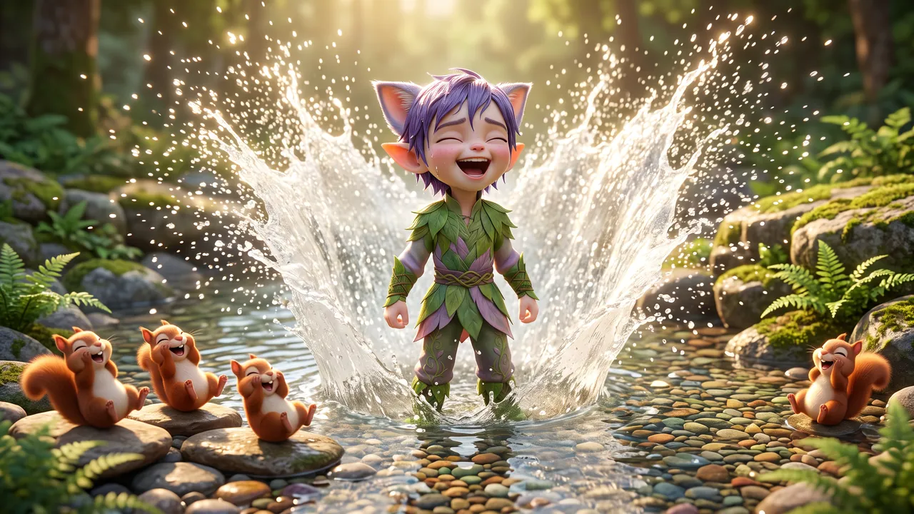 A huge burst of spray. Ori stands in the Glimmer River up to his middle, drops flying everywhere, already starting to laugh. His knees and the coloured stones show through the clear water.