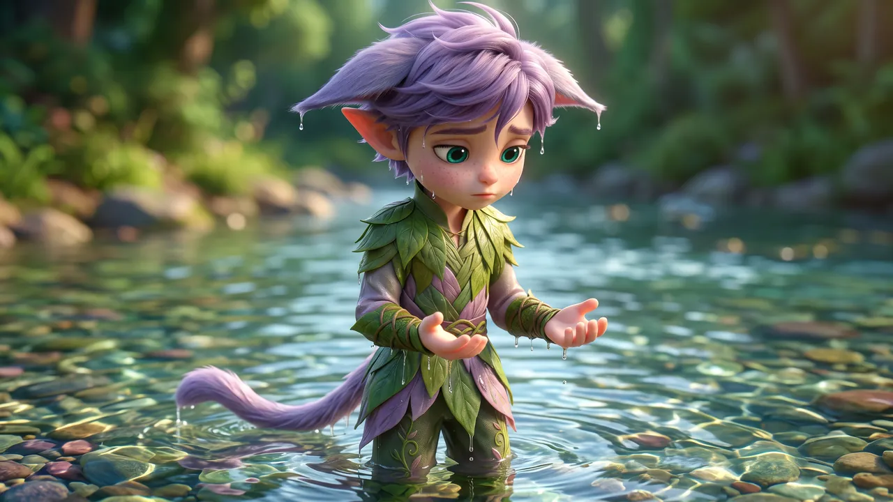 Close on Ori standing in the shallow water. Both his cat ears have folded right down against his head and his tail hangs low in the water. He is looking at his own two open palms, which are empty.