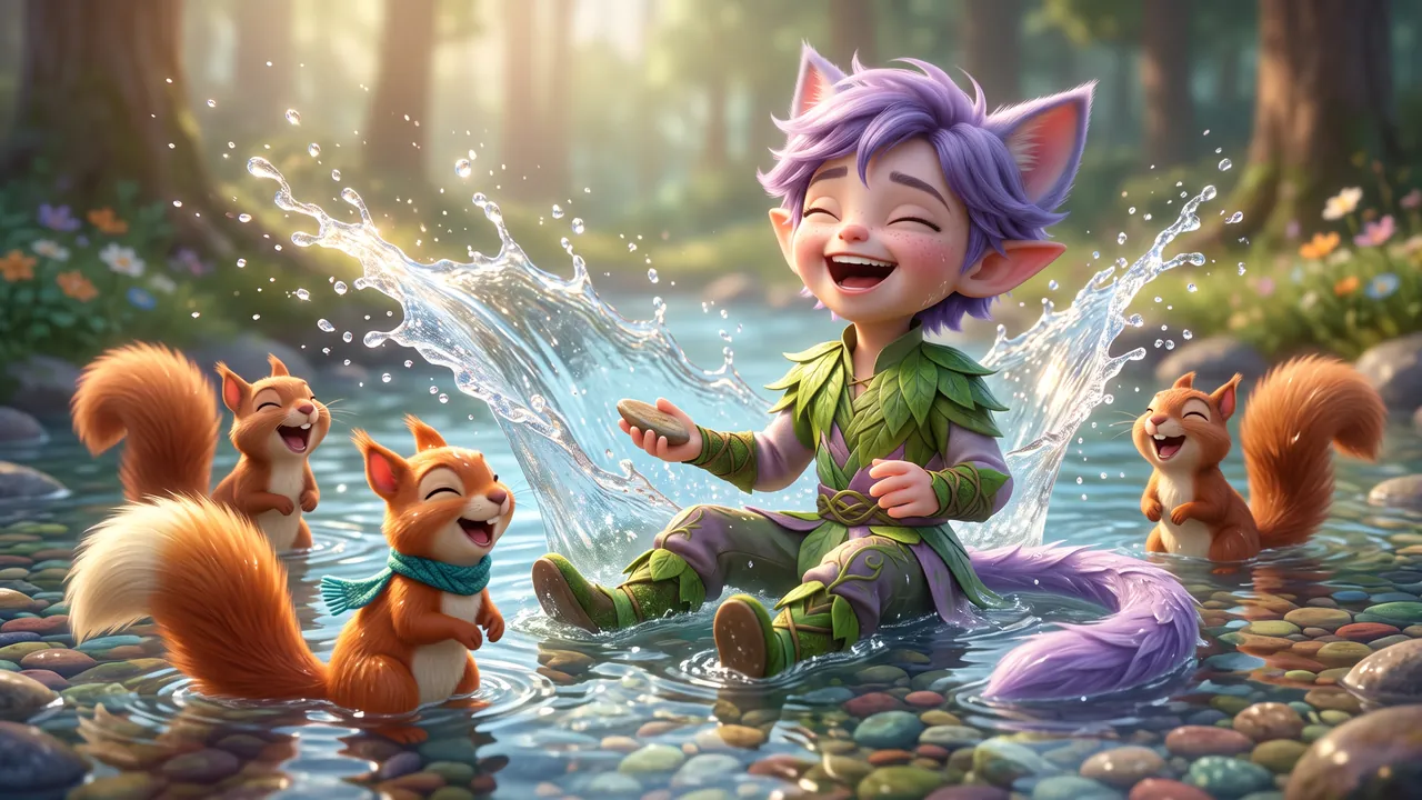 Ori has laughed so hard that he has sat straight down in the shallow water with a big splash going up around him. Three squirrels have come and sat down in the water with him, laughing too, their tails soaked. Hazel is nearest, with her cream-white tail tip and teal scarf.