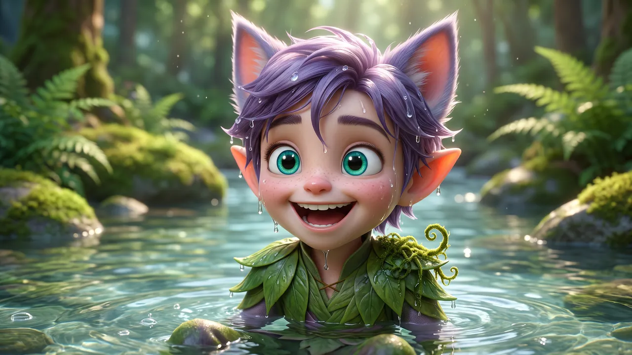 Close on Ori sitting chest deep in the bright water, soaked, a curl of green moss stuck to his shoulder. His whole face has lit up, eyebrows raised, grinning, both cat ears standing straight up again.