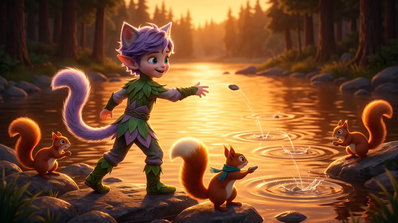 The sun is low and the whole river has turned gold. Ori is mid-throw again on a rock and three squirrels are throwing alongside him, stones skipping away across the glowing water. Hazel is nearest, with her cream-white tail tip and teal scarf.