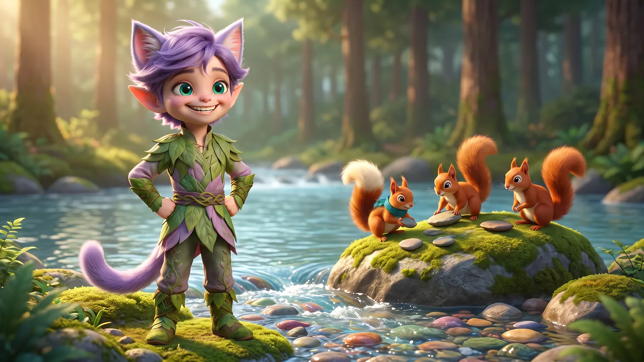 Ori stands on the mossy bank with his hands on his hips and an enormous confident grin, already certain he will win. Behind him three red squirrels pick through flat stones on a rock, Hazel among them with her cream-white tail tip and teal scarf. The river flows past, unimpressed.