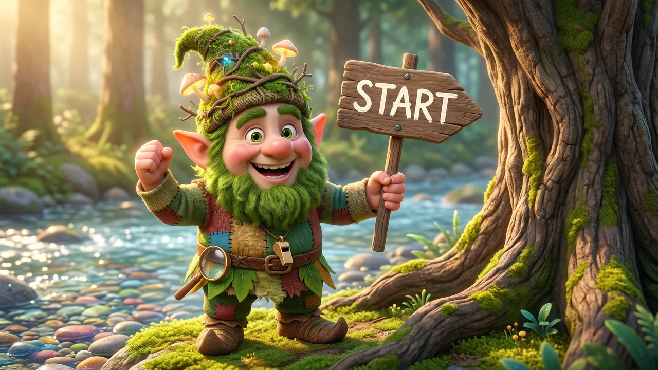 Twillan Mosswhistle stands on the river bank beaming, a small wooden whistle on a cord round his neck, holding up a wooden signboard that reads START. He is pointing it straight at the trunk of a big old tree instead of at the river, and he is delighted with himself.