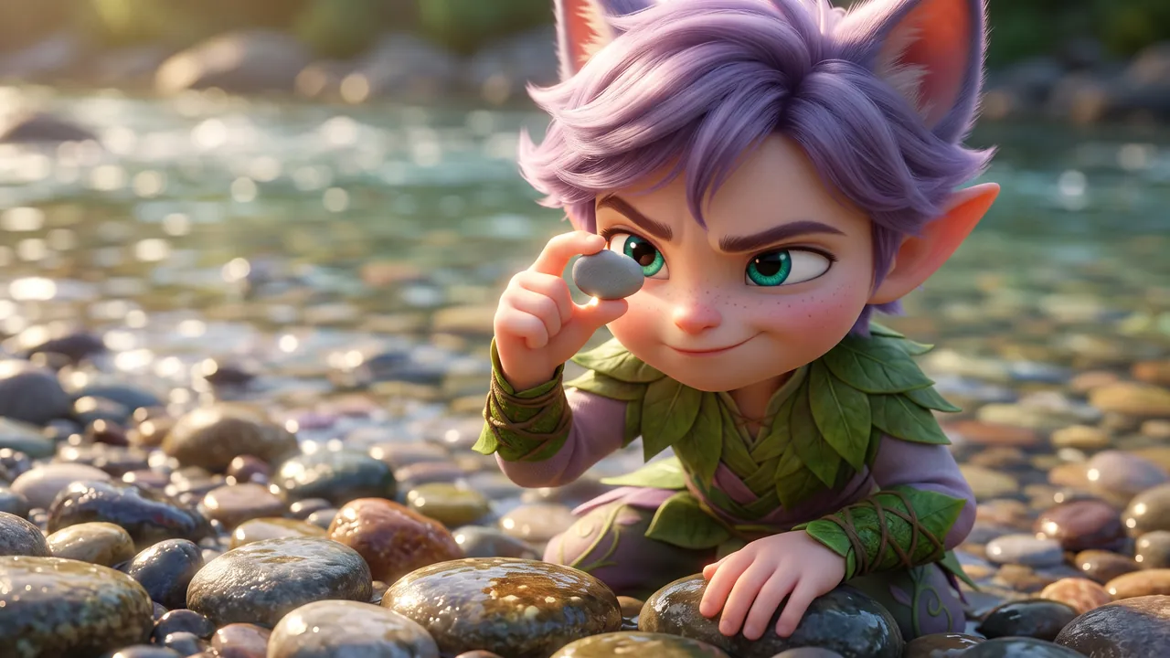 Ori holds a small flat grey pebble right up to his eye and studies it closely, completely serious about it. More stones lie at his feet and the bright shallow river runs behind him.