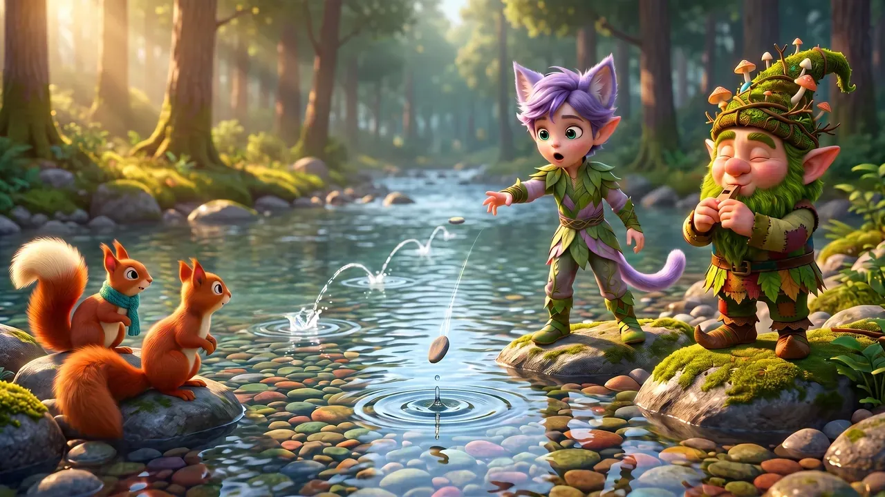 Twillan stands on a rock with his eyes squeezed shut, blowing his whistle. Ori has just thrown and his grey pebble is dropping straight down into the water with a small splash ring while he watches, mouth open. On the rocks to the left two squirrels' stones skip away in long lines of ripples. Hazel is nearest, with her cream-white tail tip and teal scarf.