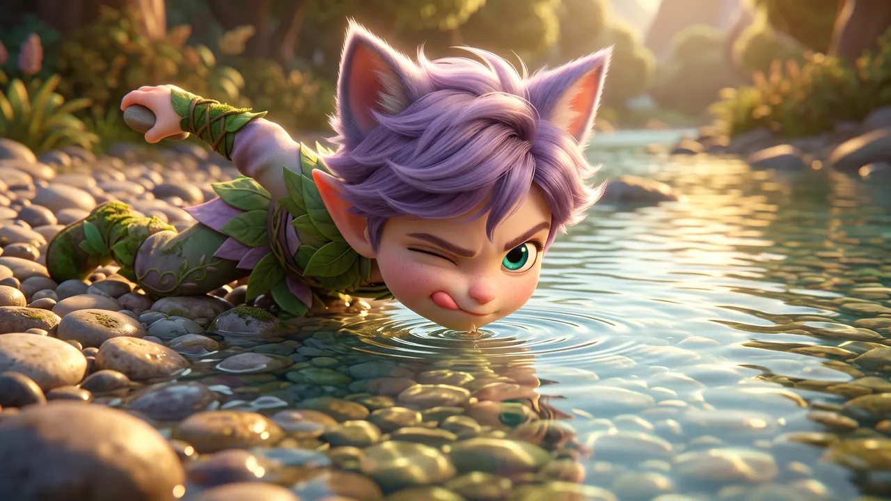 Ori has crouched right down at the water's edge, almost lying flat, the tip of his nose touching the water and his throwing arm cocked back. Two small ripple rings sit in front of him where two more stones went straight in. The squirrels watch from their rock.