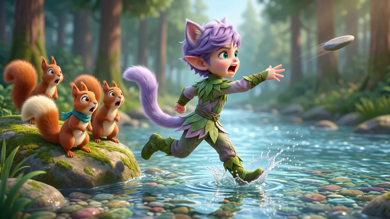 Ori runs full tilt at the river with his throwing arm swung back and his tail streaming out behind him, feet about to hit the water. The squirrels stare from their rock.
