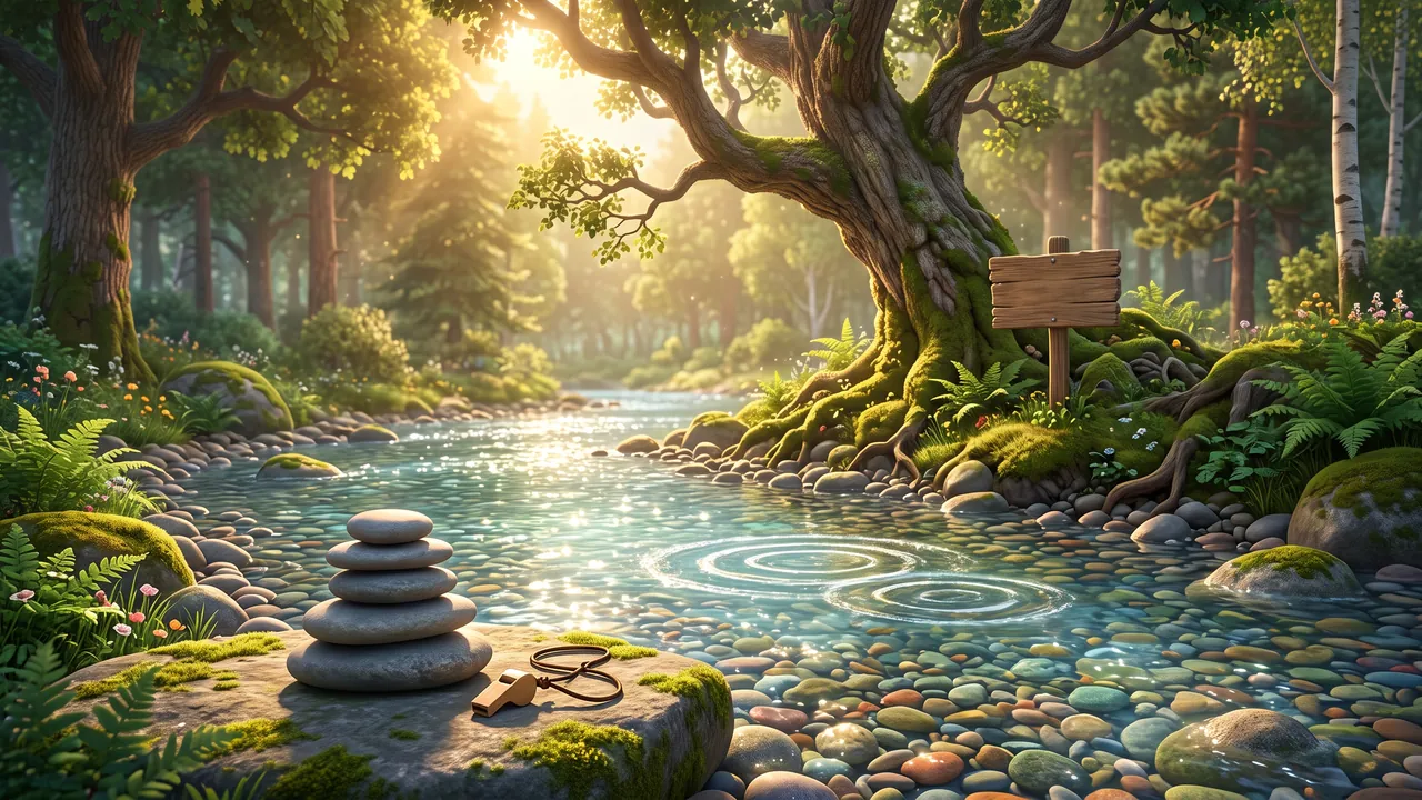 The Glimmer River in early morning. A small stack of flat skipping stones and a little wooden whistle rest on a mossy rock, three fading ripple rings sit out on the sunlit water, and an empty wooden signpost stands in the moss under a big leaning tree.
