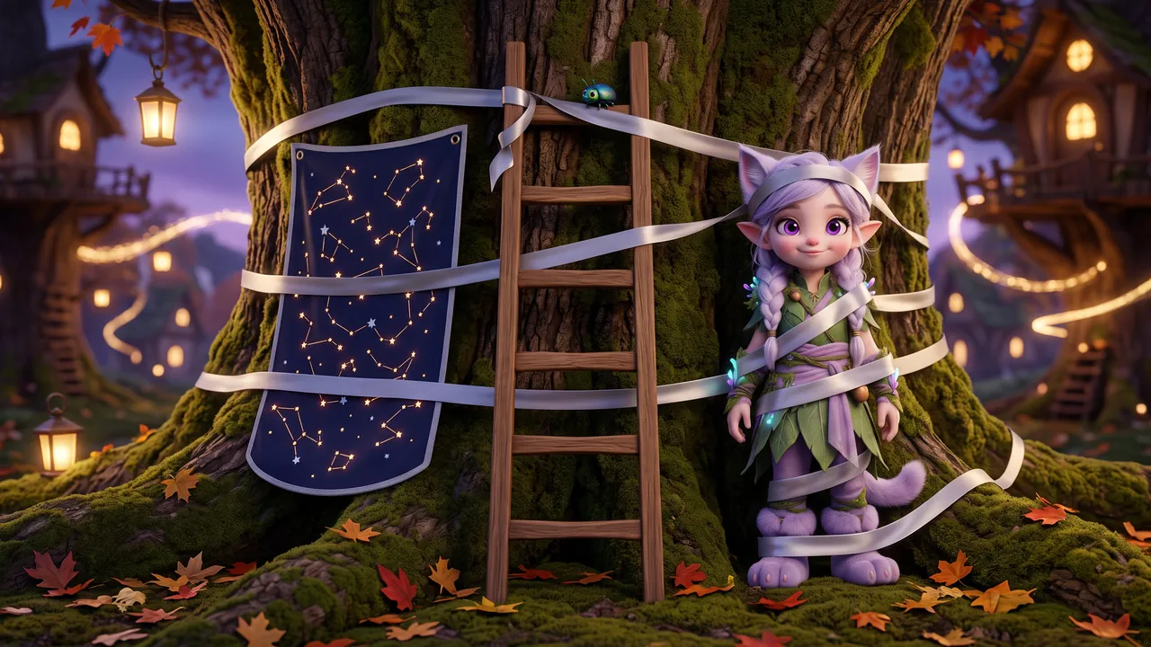 Miri wrapped in loops of silver ribbon against the oak trunk, with the star-map and a tipped wooden ladder bound up in the same ribbon. A tiny beetle perches serenely high on one loop. Miri looks comically unbothered.