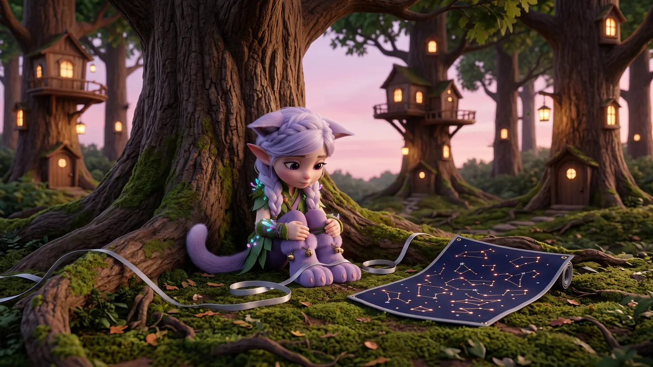 A quiet pink evening. Miri sits at the base of the trunk in the ribbon loops, ears flat, looking down at her own toes, with the star-map unrolled on the moss.