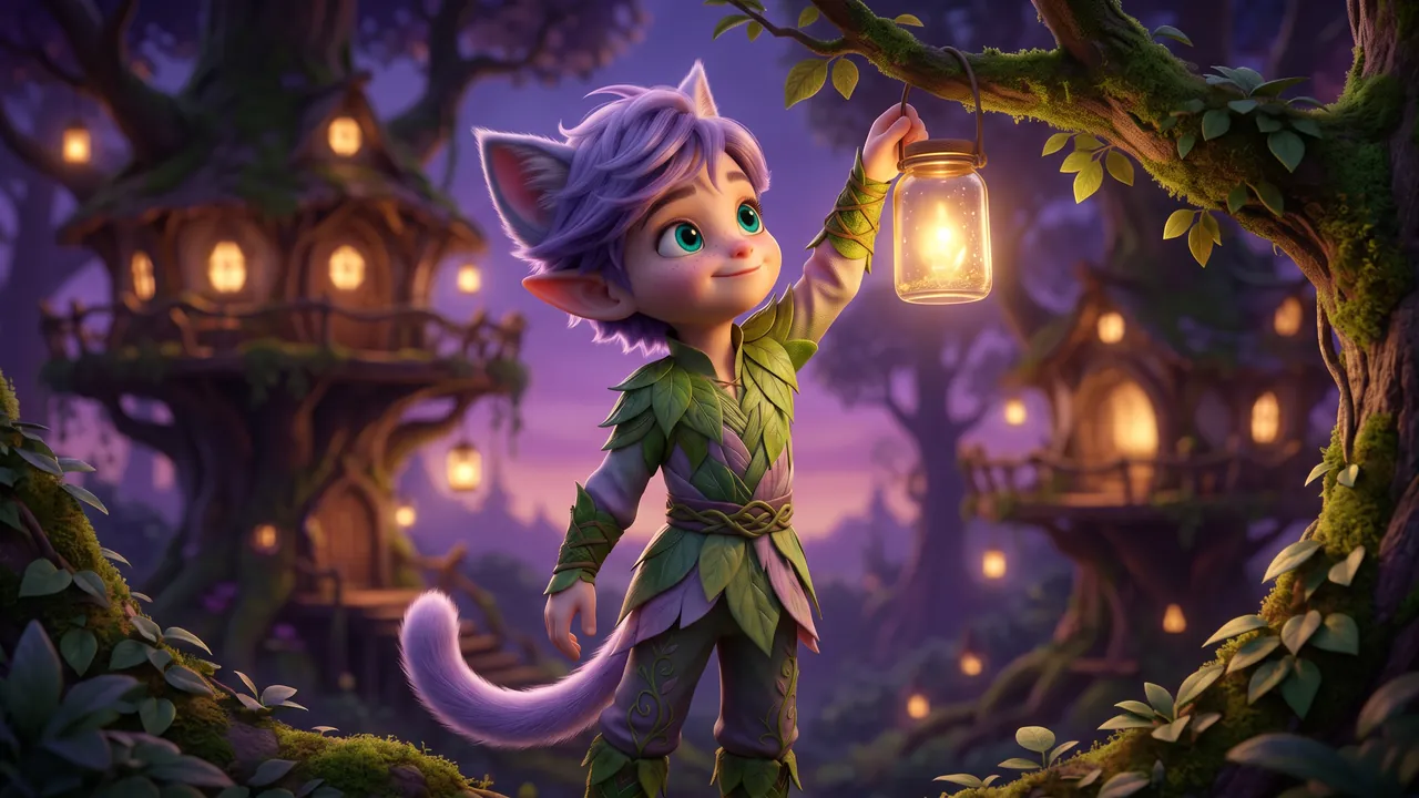 Ori stretches up on tiptoe to hook his last glowing jar on a branch. His eyes are on the jar, but one of his soft feline ears is turned right around and pointed behind him, listening.