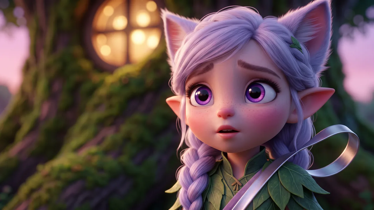 Close on Miri's face. Her big violet eyes are wide and hopeful, glancing up and sideways, and her mouth is just beginning to open. One loop of silver ribbon crosses her shoulder.