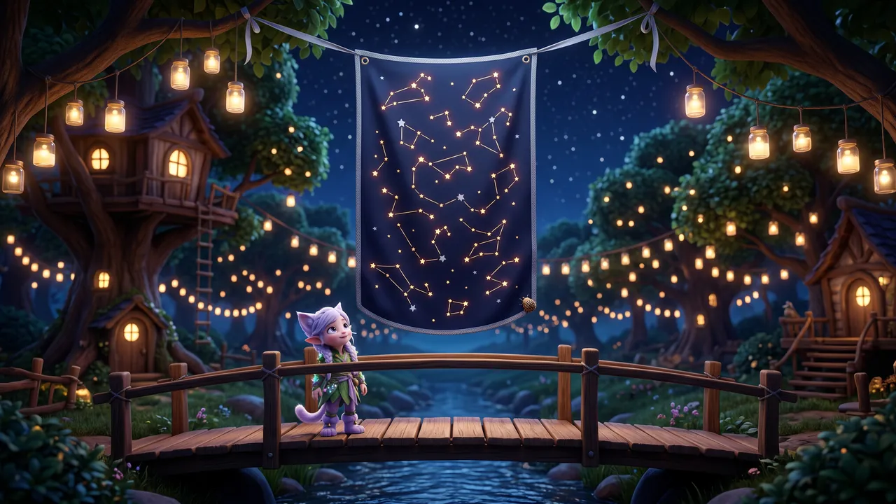 Night in the lit village. Lantern jars glow everywhere among the trees and the star-map hangs shining above the footbridge with one crooked corner and one small beetle still aboard.
