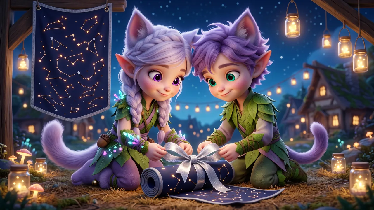 Close on Miri and Ori kneeling together in the lantern light, heads tilted toward each other, tying one final bow with one hand each.