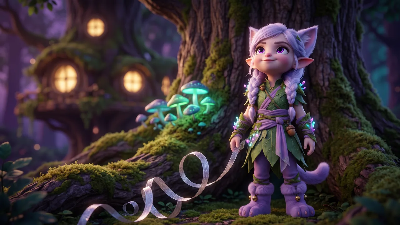 Miri looks up at the top of the tall oak, planning, while the long silver ribbon quietly slides and uncoils off her lowered arm onto the moss behind her, completely unnoticed.