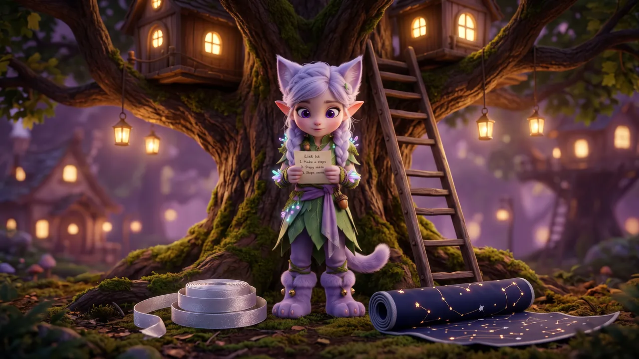 Miri reads a small three-step list, a wooden ladder leaning on the trunk beside her, a coil of silver ribbon at her feet.