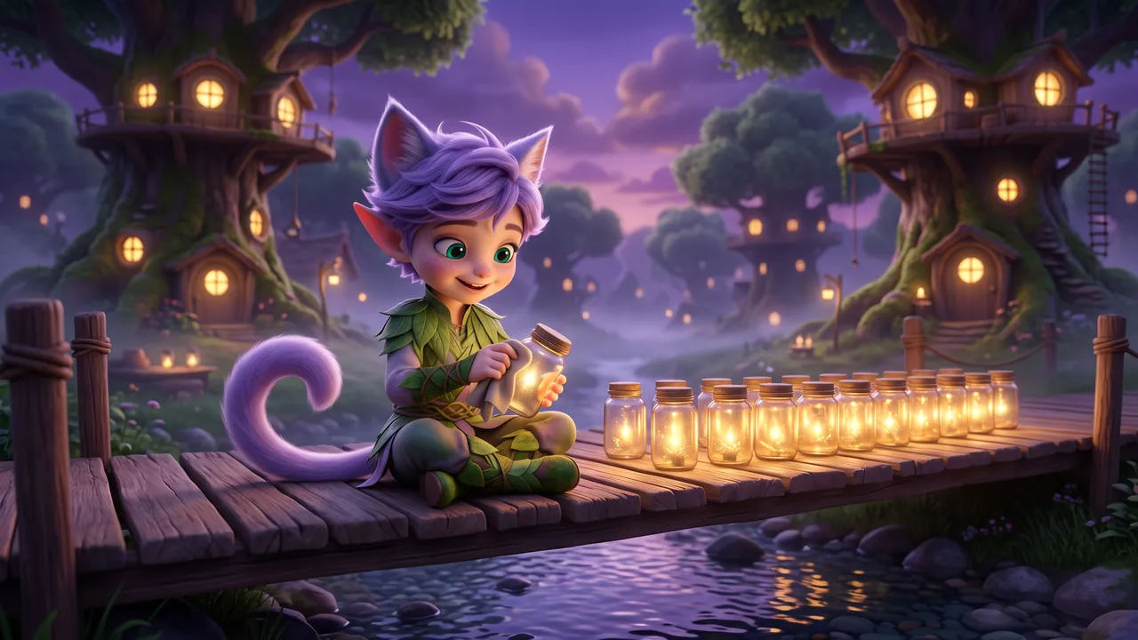 Ori sits cross legged on the wooden footbridge polishing a lantern jar, with a long row of finished glowing jars lined up beside him along the planks.
