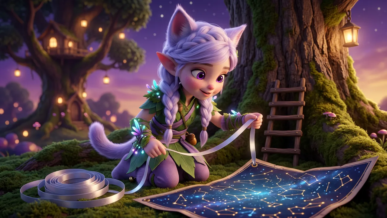 Miri kneels on the moss at the foot of the huge oak at dusk. The rolled star-map is spread open in front of her, dark blue and covered in glowing constellations, and she has caught hold of one loose end of the long silver ribbon and is holding it out, about to tie it on. A wooden ladder leans against the trunk behind her.