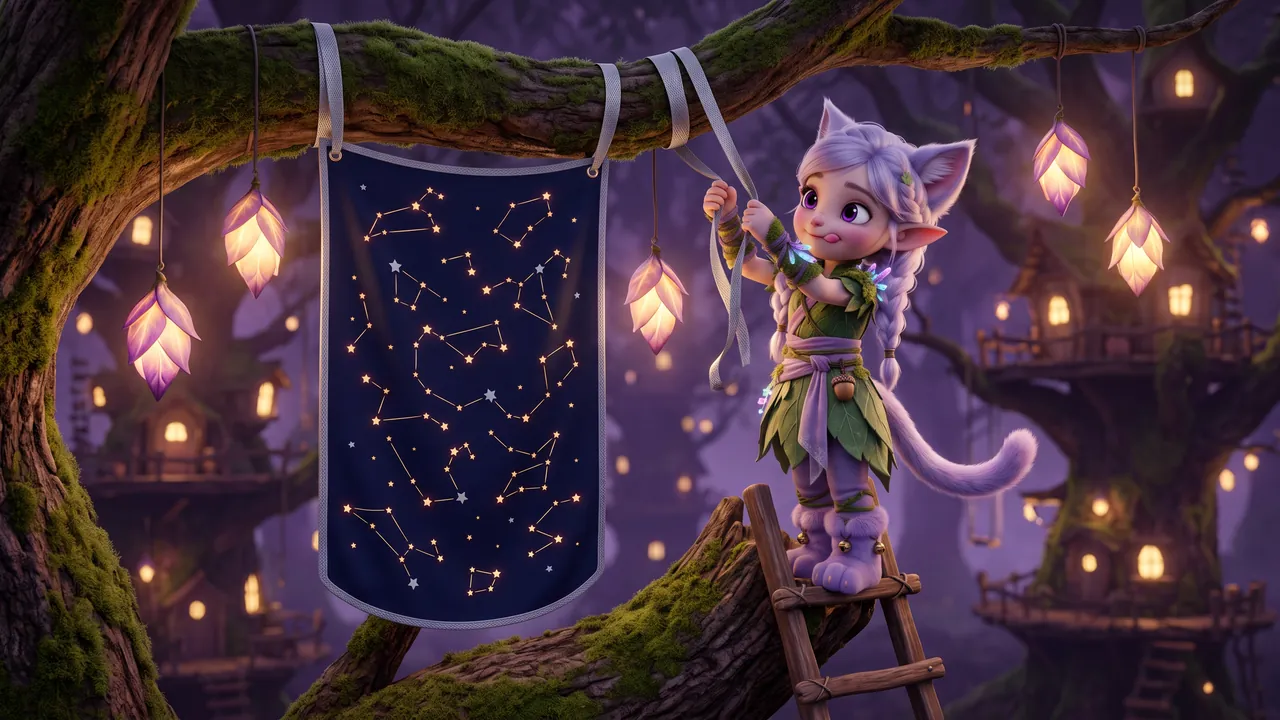 Miri stands on the little ladder, reaching up to tie the silver ribbon around a mossy branch, tongue poking out in concentration. The same ribbon has already looped twice around her own wrist.