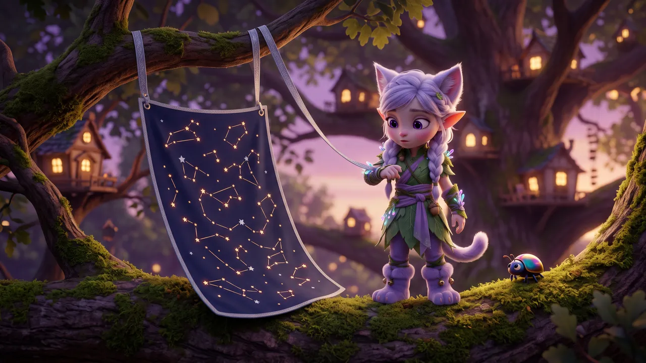 Miri holds up her own wrist and blinks at the ribbon wound around it, perfectly composed. A tiny round beetle sits on the branch beside her, watching. The star-map has lifted barely a finger off the ground.