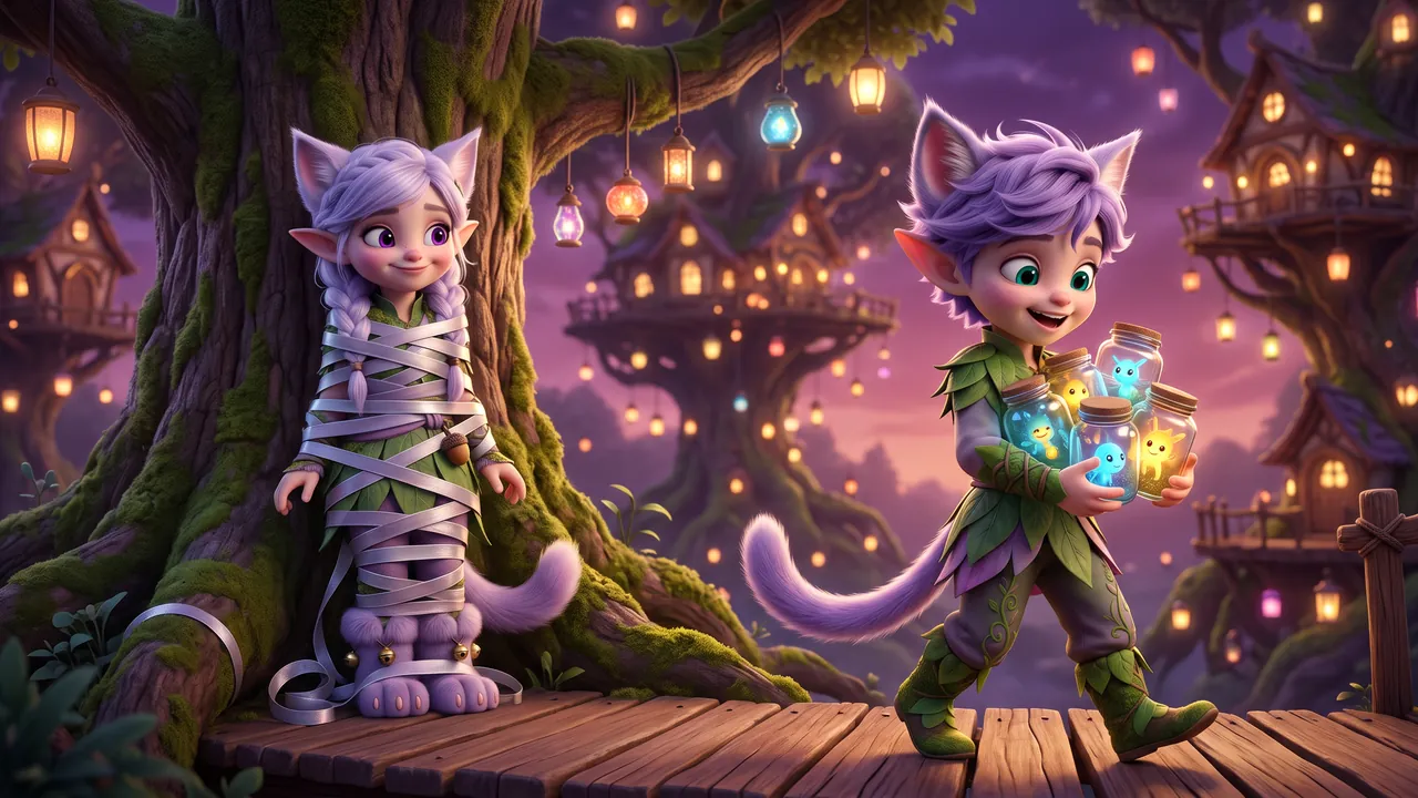Ori walks past on the wooden walkway with an armful of glowing lantern jars, calling out cheerfully with his eyes down on the jars. Just behind him, against the big mossy trunk, Miri is a Miri-shaped bundle of silver ribbon with only her face and one hand free.