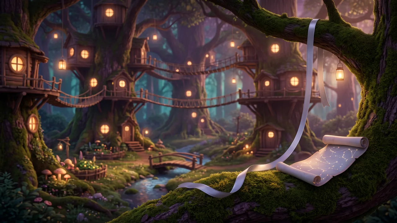 Kittelfdora Village at dusk, tree houses glowing among giant trees, with one long silver ribbon draped over a mossy branch and a rolled star-map waiting beside it.