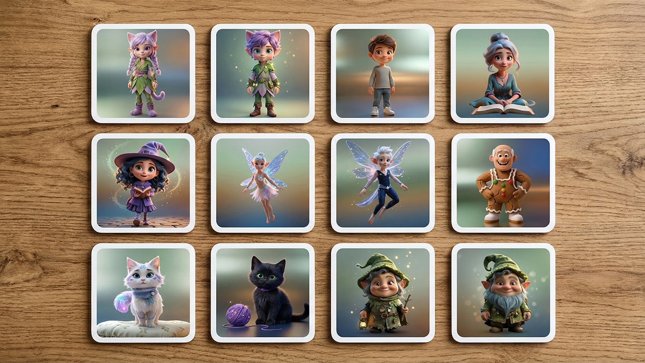 Twelve-card memory matching game featuring Kittelfdora Kids characters Miri and Ori
