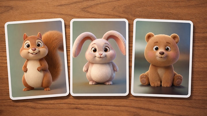 Three-card beginner memory matching game with cute forest animals - Kittelfdora Kids