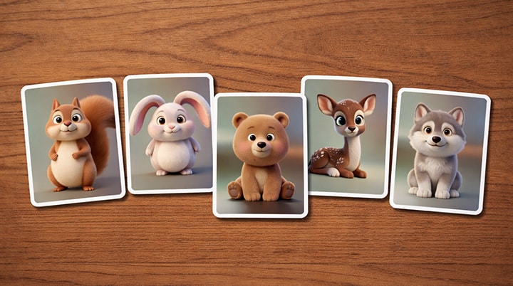 Five-card memory matching game with cute forest animals - Kittelfdora Kids