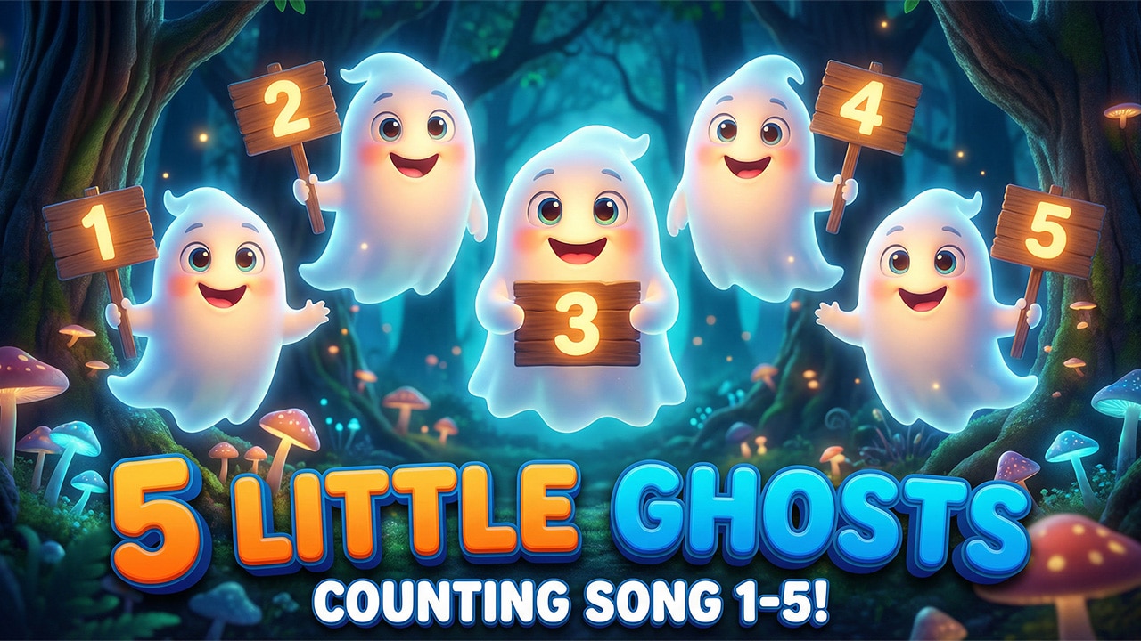 Five little ghosts floating in a spooky forest - Halloween counting song for kids thumbnail