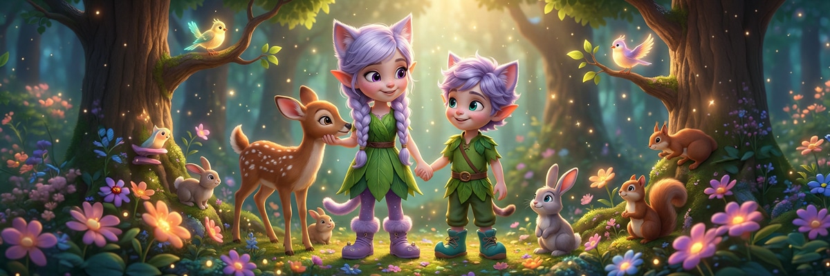 Miri and Ori sitting in a beautiful green forest, teaching children about empathy, nature, and kindness.