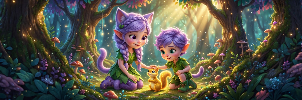 Miri and Ori hugging a small magical animal in a glowing forest, representing love, empathy, and emotional connection.