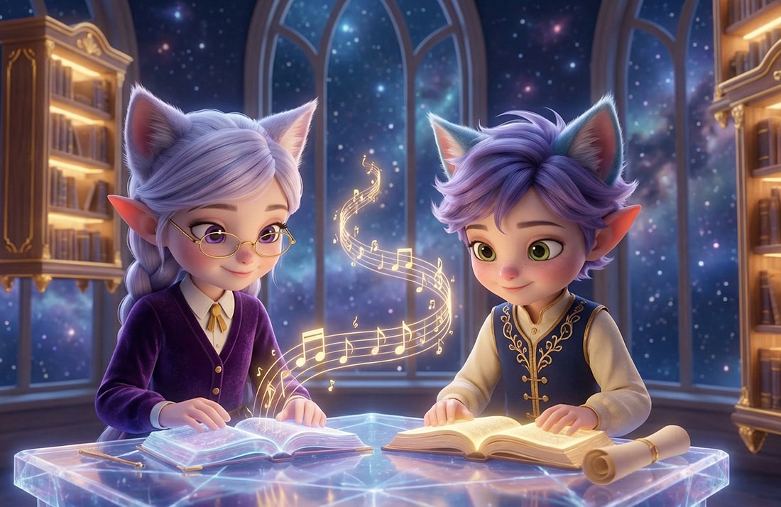 Elfcat characters in scholar vests studying in a magical library - brain power classical music for kids