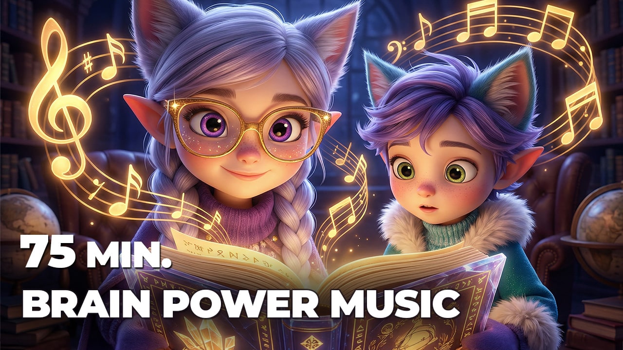Miri and Ori with golden glasses focused on a glowing book in a magical library - Brain Power classical music