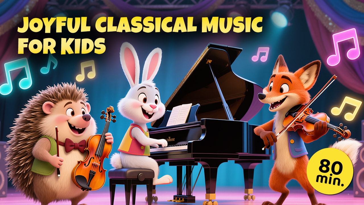 Animated animal orchestra with a rabbit playing piano and a fox playing violin - Carnival of Classics
