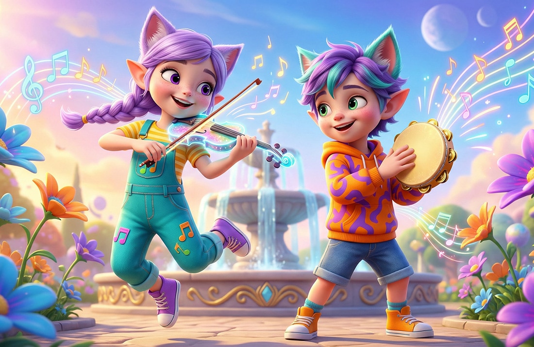 Elfcat duo Miri and Ori dancing with musical instruments in colorful outfits - classical music for children