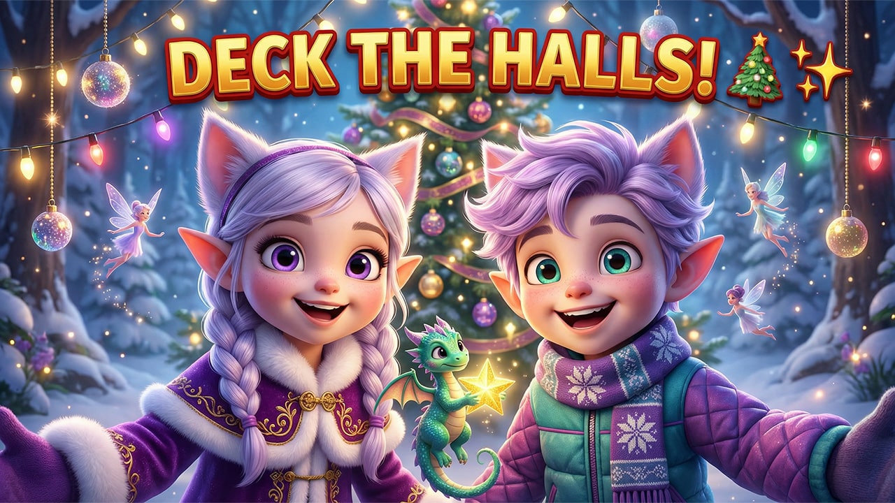 Elfcat siblings Miri and Ori in a snowy forest in front of a Christmas tree - Deck the Forest Halls song