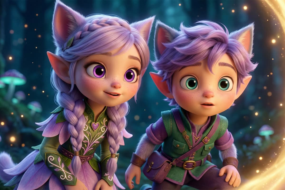 Miri and Ori side by side, showing pointed elf ears, soft cat ears, Miri’s violet eyes and Ori’s teal eyes in the glowing forest