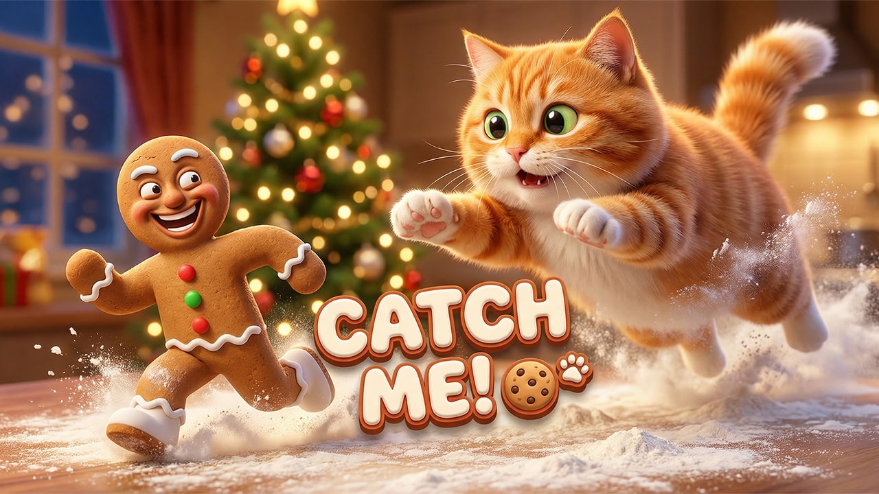Cute orange cat chasing a gingerbread man - Gingerbread Chase Christmas animation for kids by Kittelfdora Kids