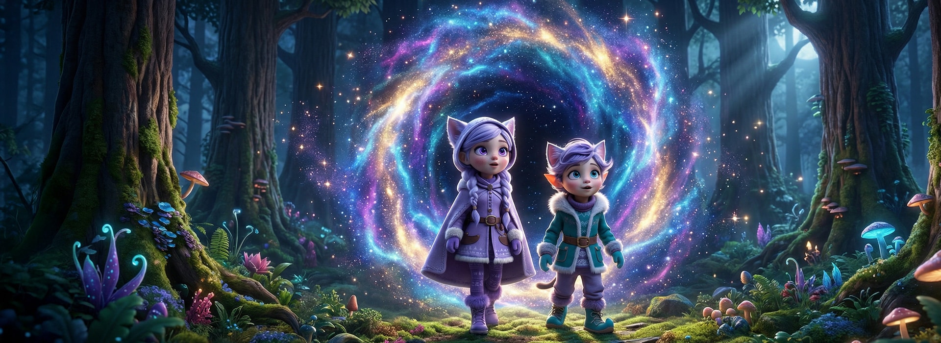 Miri and Ori standing side by side in the glowing forest, in front of a swirling stardust portal