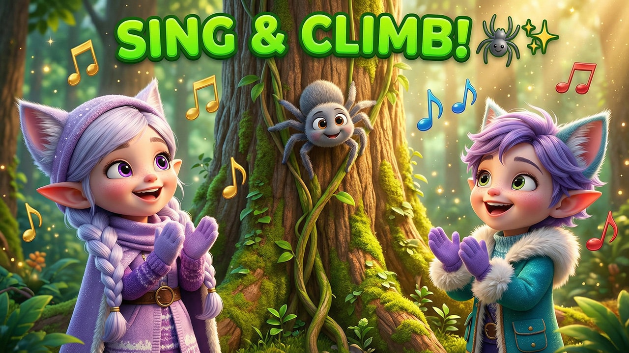 A friendly spider climbing up a waterspout - Itsy Bitsy Spider interactive sing-along for kids