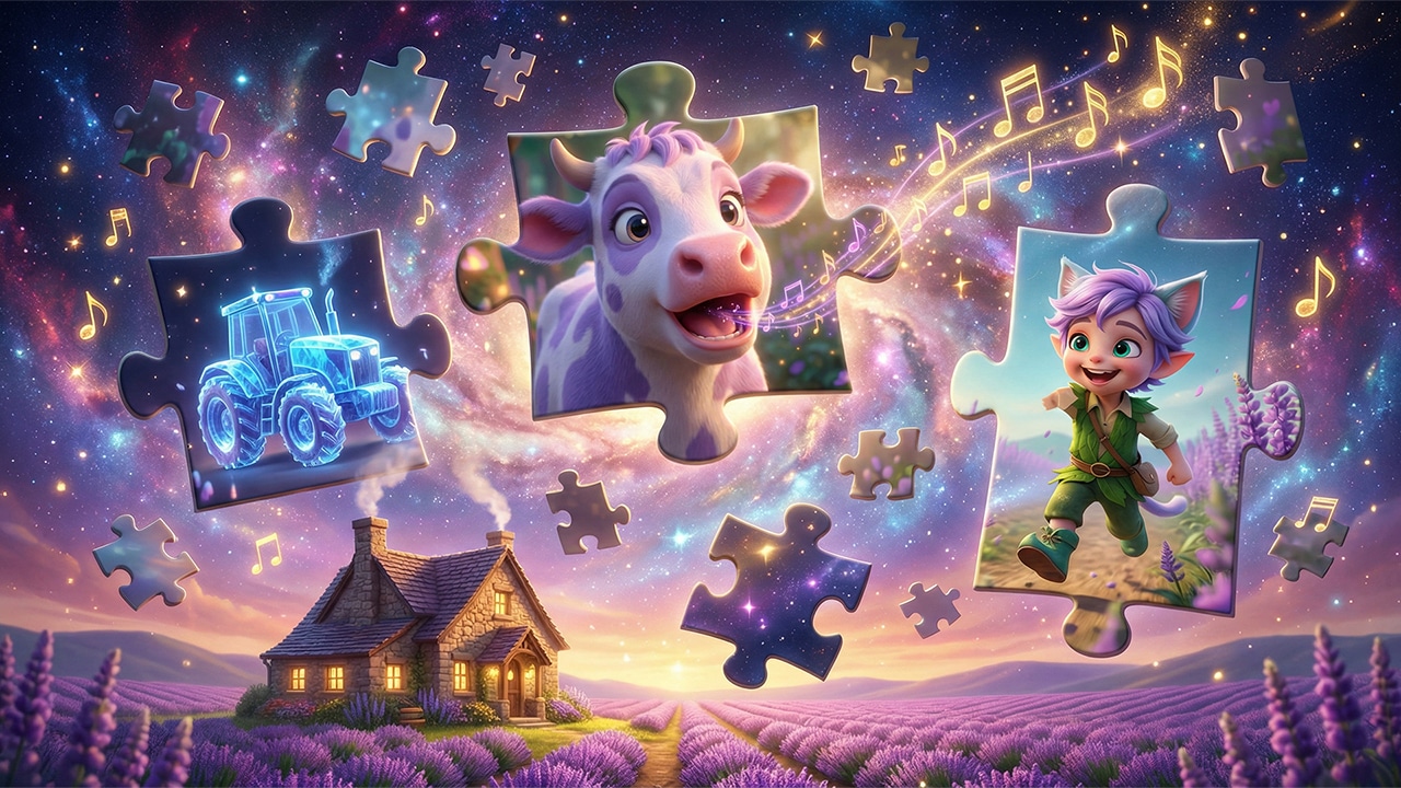 A collage of different digital jigsaw puzzle levels for kids, featuring characters from the Old MacDonald Space Adventure like the purple cow and the blue crystal tractor.