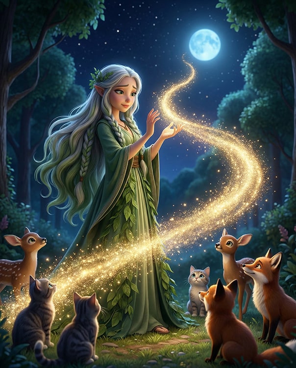 Miri and Ori in a magical forest scene - Kittelfdora Kids story illustration