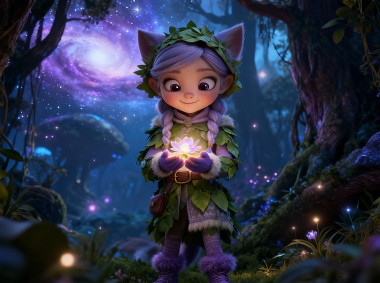 Elfcat Miri with purple eyes and lilac braids holding a glowing flower in the Kittelfdora forest, Pixar-style 3D