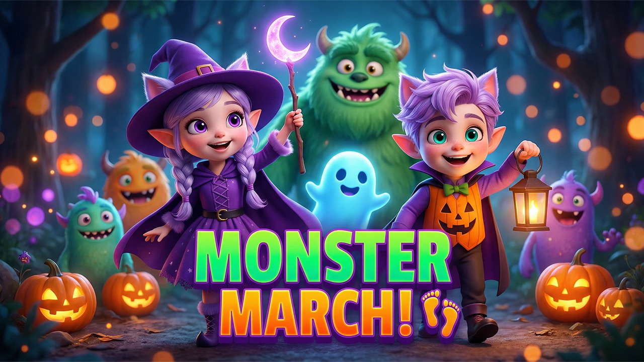 Elfcat siblings Miri and Ori marching in a Halloween monster parade with their friends - kids Halloween song