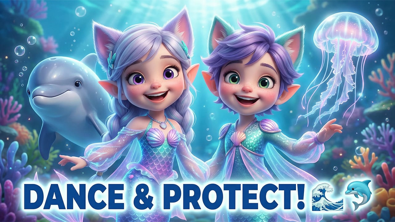 Miri and Ori dancing with ocean animals underwater - Ocean Friends Dance movement song thumbnail